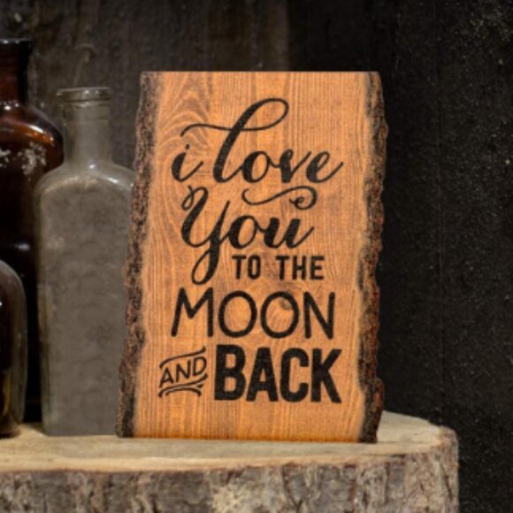 Wooden Love You To The Moon Bark Sign, Love Distressed Sign, Small Wooden Decor - Picture 1 of 4